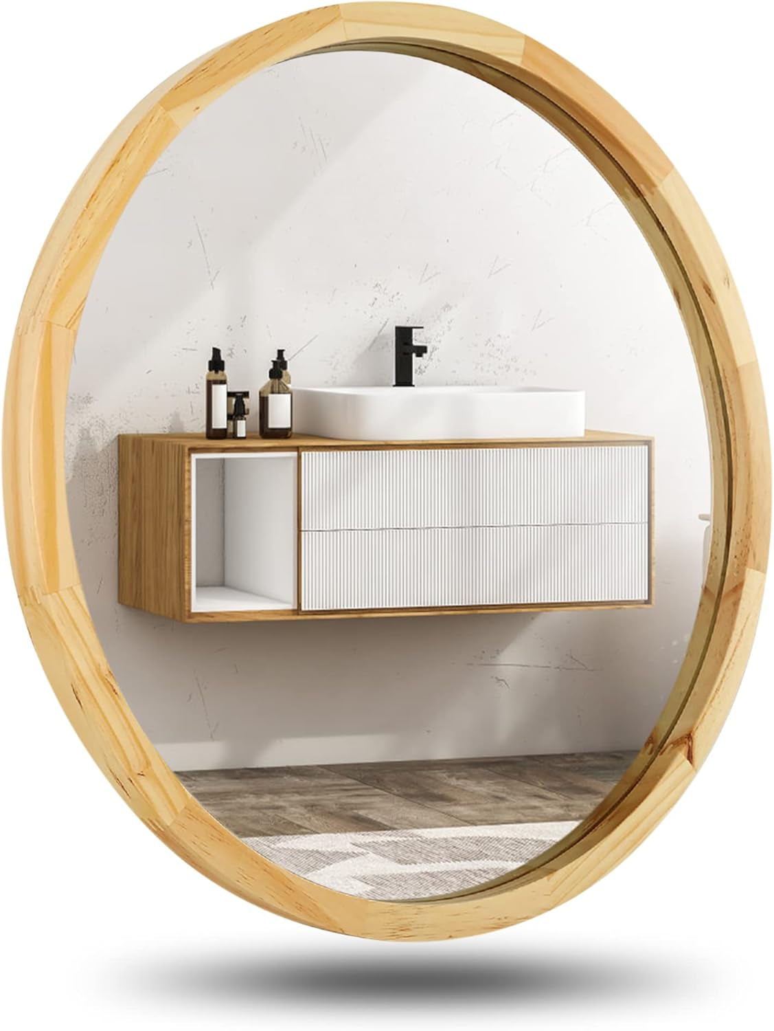 Wall Mirror, round Mirror, Decorative Wood Frame Mirrors for Bathroom Entryways Living Rooms and Powder Room,Bedroom (Natural Wood, Large 24“)