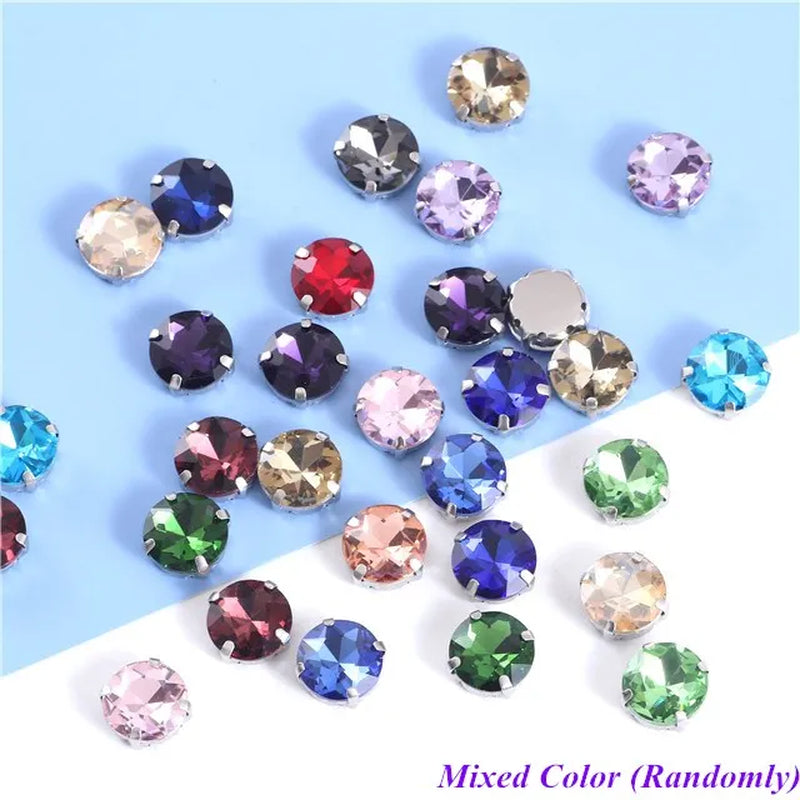 Colorful round Gemstones Crystal Glass Rhinestones with Sliver Claw Flatback Sew on Stone for Rhinestones Clothes Accessories