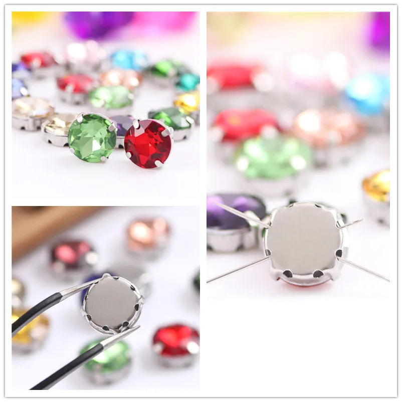 Colorful round Gemstones Crystal Glass Rhinestones with Sliver Claw Flatback Sew on Stone for Rhinestones Clothes Accessories