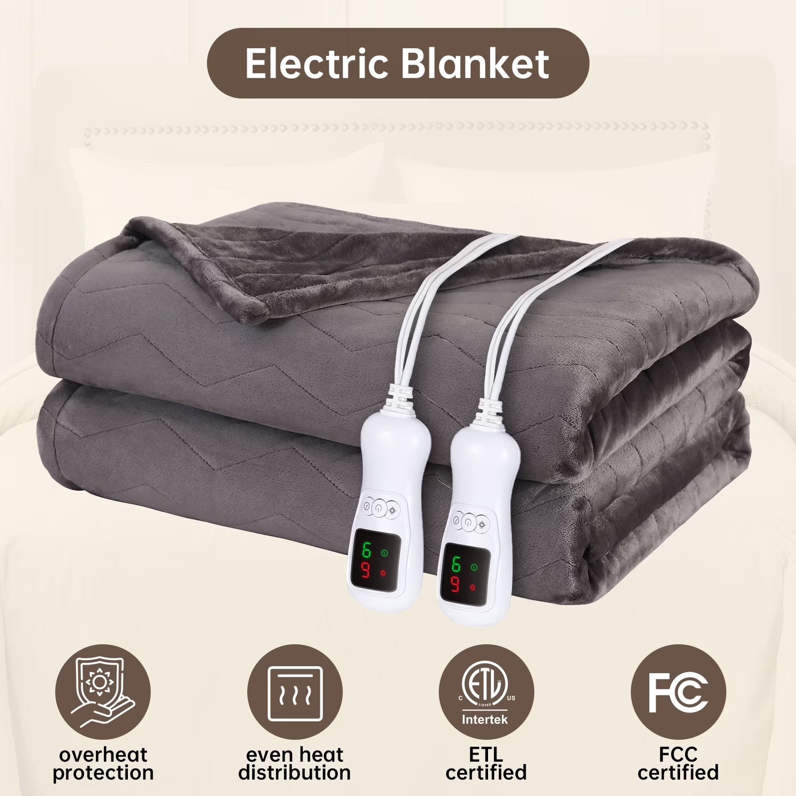 Heated Blanket Queen Size, Washable Heated Blanket Electric, Electric Blanket, Charcoal Gray, 84" X 90", Blanket Warmer Heating Blanket Heat Warming Blanket Electric Blanket Heater