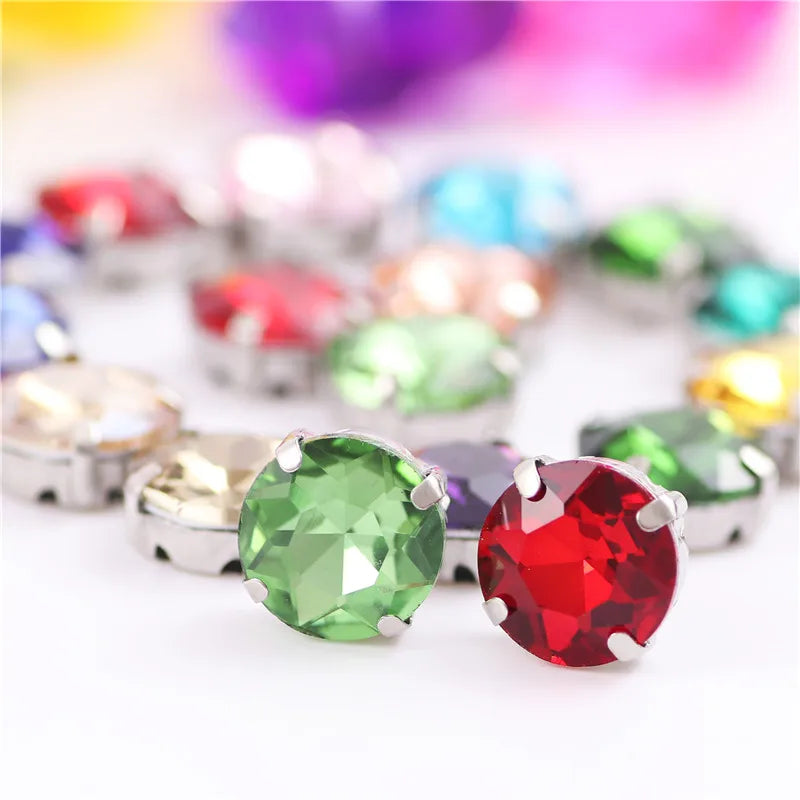Colorful round Gemstones Crystal Glass Rhinestones with Sliver Claw Flatback Sew on Stone for Rhinestones Clothes Accessories