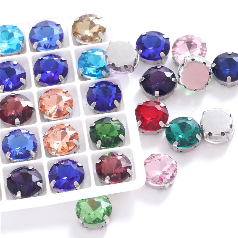 Colorful round Gemstones Crystal Glass Rhinestones with Sliver Claw Flatback Sew on Stone for Rhinestones Clothes Accessories
