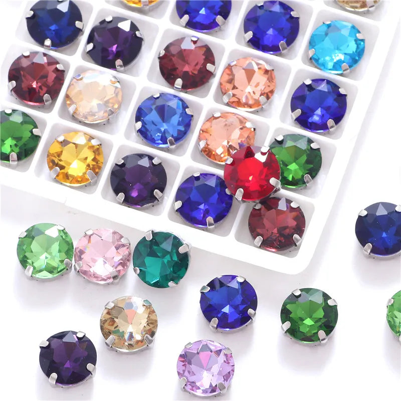 Colorful round Gemstones Crystal Glass Rhinestones with Sliver Claw Flatback Sew on Stone for Rhinestones Clothes Accessories