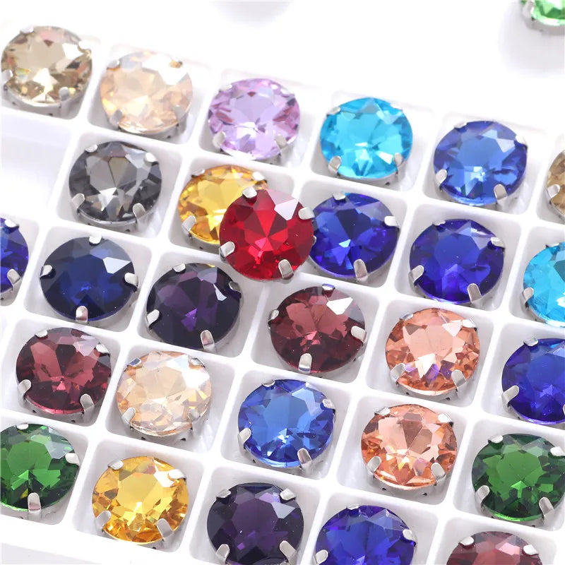 Colorful round Gemstones Crystal Glass Rhinestones with Sliver Claw Flatback Sew on Stone for Rhinestones Clothes Accessories