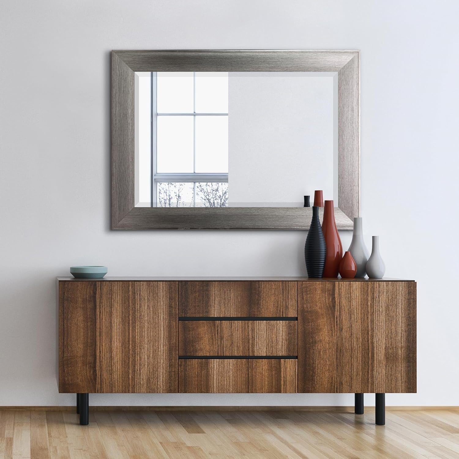 Metallic Gray Raised Lip Framed Wall Vanity Beveled Mirrors, Bathroom Mirrors, Rectangle Mirrors, Living Room Mirrors - 31.5" X 43.5"